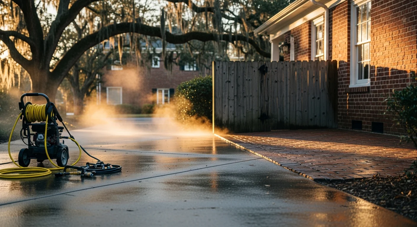 Professional pressure washing equipment cleaning a residential driveway in Charleston