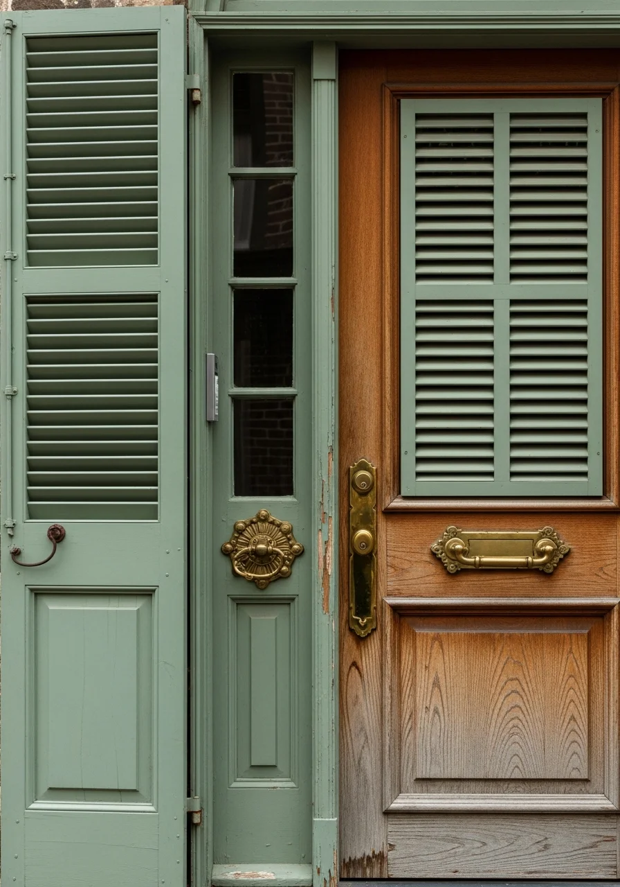 Detail of a Charleston historic home's ornate entrance door and shutters.