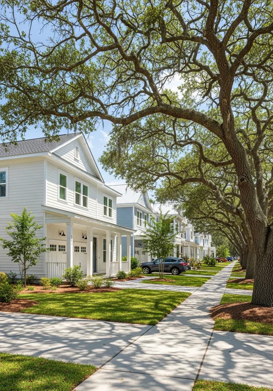 Daniel Island residential street with newer homes and established community features.