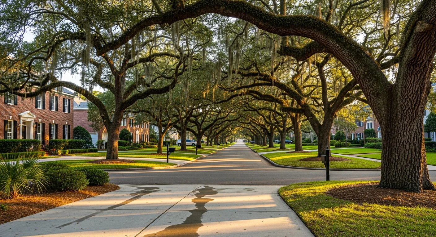Residential street in Mount Pleasant with mature oak trees and brick colonial-style homes.