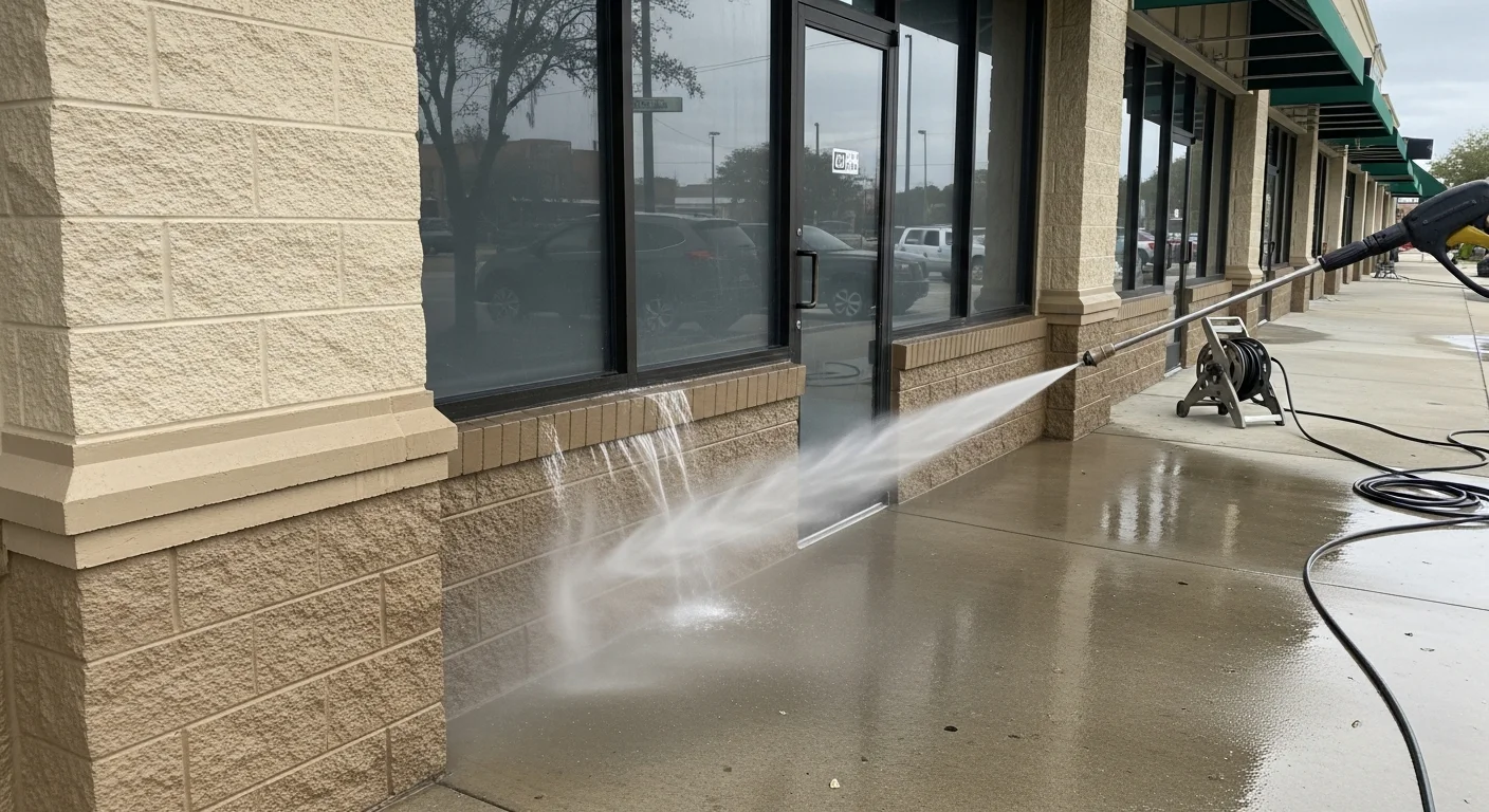 A commercial storefront in Mount Pleasant, SC with clean concrete sidewalks and a freshly pressure-washed building exterior. The entryway shows no visible mold, staining, or grime after professional cleaning.