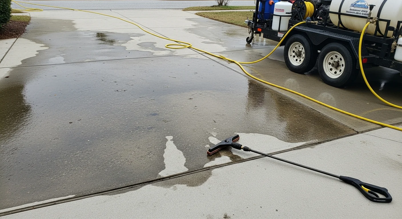 A concrete driveway in Mount Pleasant, SC shown after professional pressure washing, with algae stains and dark streaks removed and an even, clean surface restored. The driveway leads to a residential home typical of the coastal Lowcountry area.