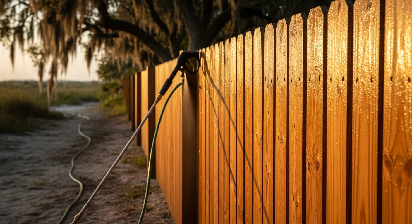 A wood privacy fence in a Mount Pleasant, SC backyard after professional cleaning, showing restored natural color with mold and green algae removed from the rails and pickets. A clean vinyl fence section runs alongside, free of the dark streaking common in the South Carolina Lowcountry climate.