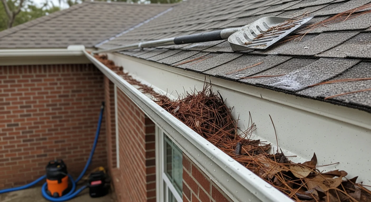 A gutter on a Mount Pleasant, SC residential home being cleared of pine needles, leaf debris, and sludge by an exterior cleaning technician. The downspout runs clean along the side of the house after service.