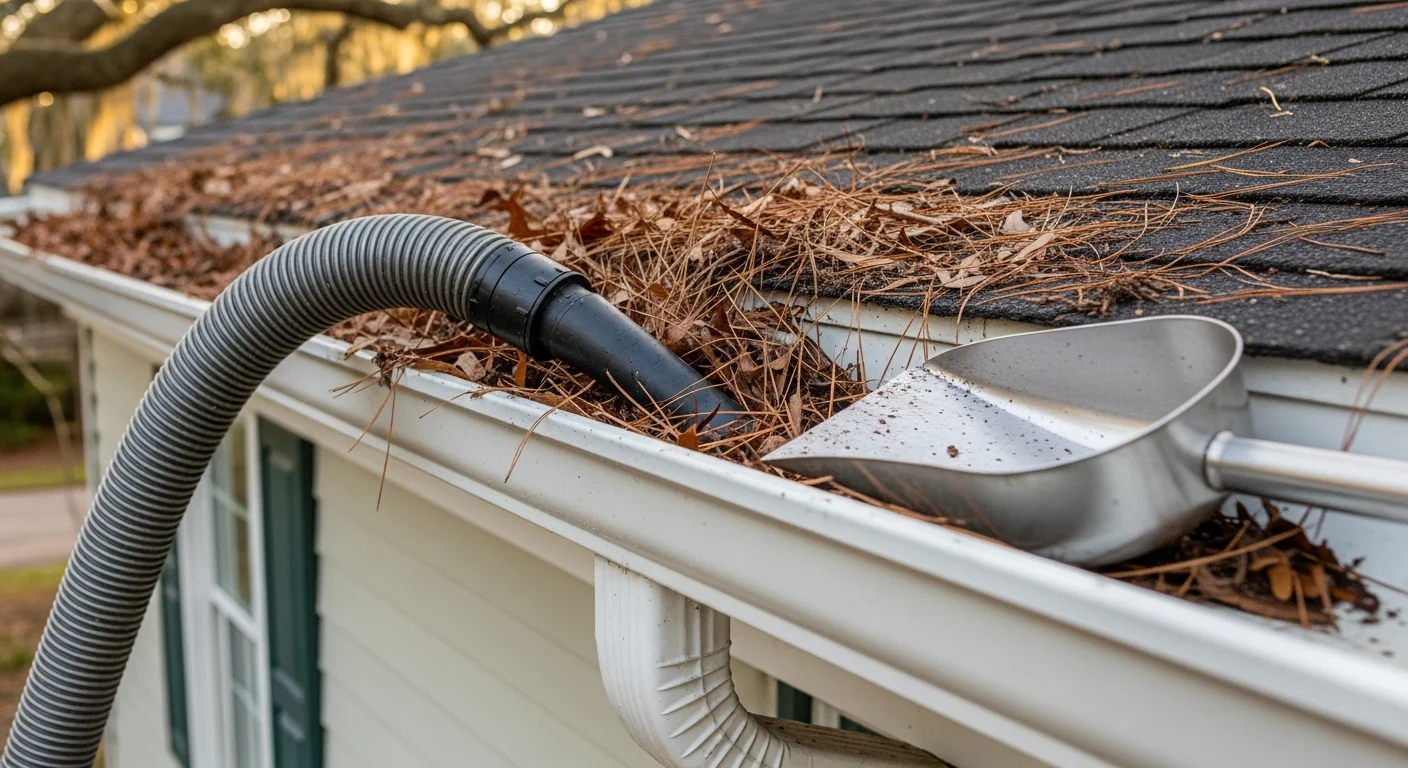 A technician from Under Pressure SC LLC removing compacted pine needles and leaf debris from a residential gutter on a single-story home in Mount Pleasant, South Carolina. The cleared gutter section shows clean aluminum channel with an open downspout outlet ready for coastal rainfall.