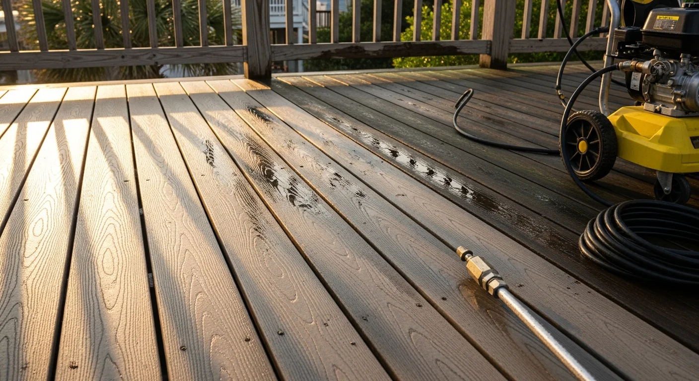 A pressure washing technician cleaning a wood deck in Mount Pleasant, SC, with dark algae and mildew stains visibly lifting from the surface boards. The cleaned half of the deck shows restored natural wood color contrasted against the untreated stained section.