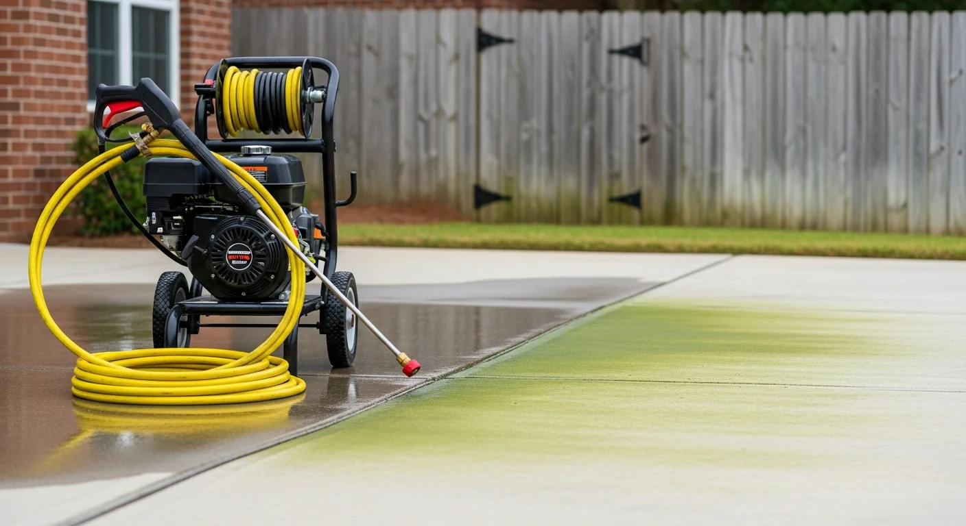 A Mount Pleasant, SC home with clean white siding and a freshly washed concrete driveway after residential pressure washing. Green algae streaks and pollen buildup have been removed from the exterior surfaces.