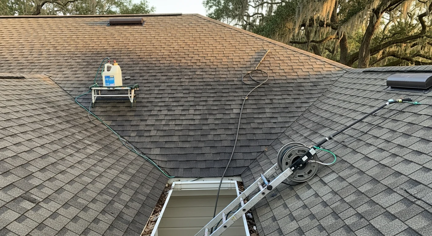 A Mount Pleasant, SC residential roof with dark algae streaks on asphalt shingles being treated by a soft wash exterior cleaning crew. The before-and-after contrast shows clean shingles restored to their original color after roof algae removal service.