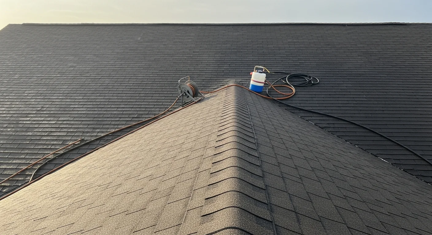 A Mount Pleasant, SC home with a freshly washed asphalt shingle roof, showing clean, streak-free surface after algae and moss removal. Before-and-after contrast visible on the roofline with no dark staining remaining.